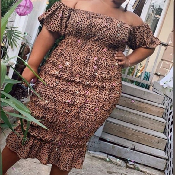 Rebdolls Puff Sleeve Leopard Print Black Brown Elastic Off Shoulder Dress - Picture 10 of 11
